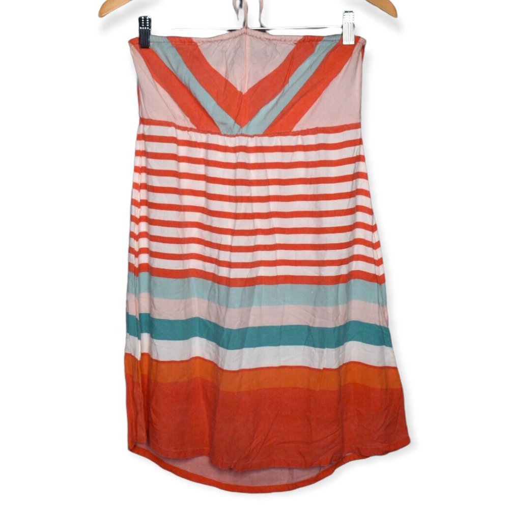 Roxy Strapless Mini Dress in Coral, Teal & White Stripes
